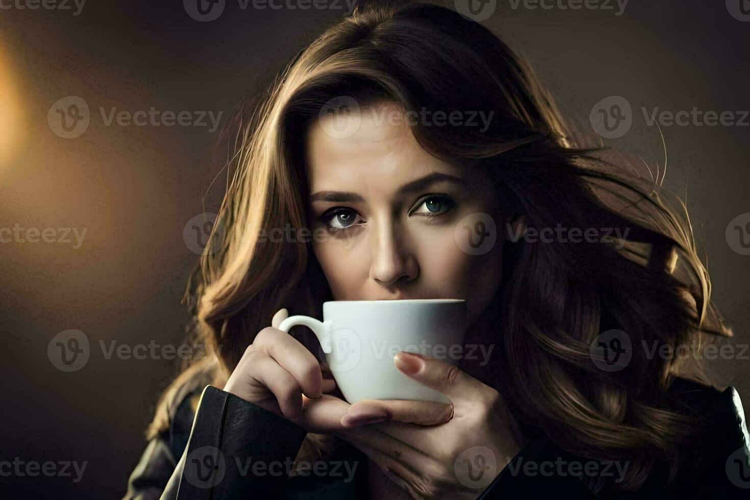 een vrouw drinken koffie in een zwart leer jasje. ai-gegenereerd foto