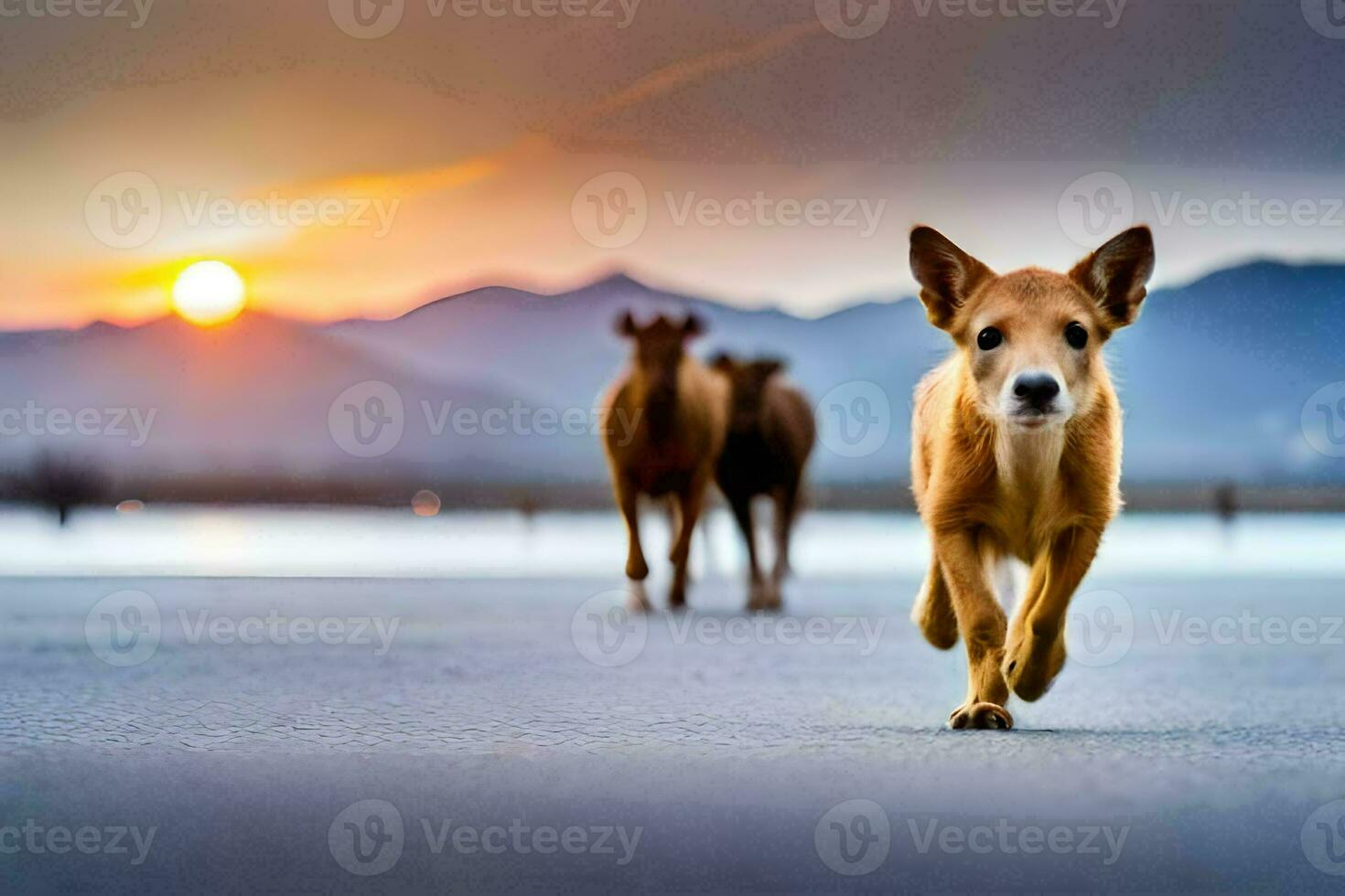 een hond rennen in de midden- van een weg Bij zonsondergang. ai-gegenereerd foto