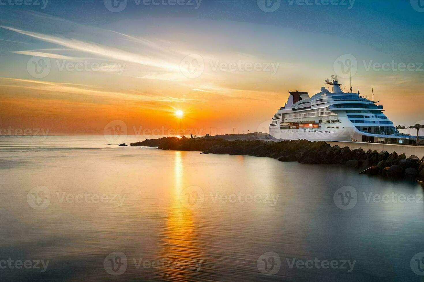 een reis schip aangemeerd Bij de haven. ai-gegenereerd foto