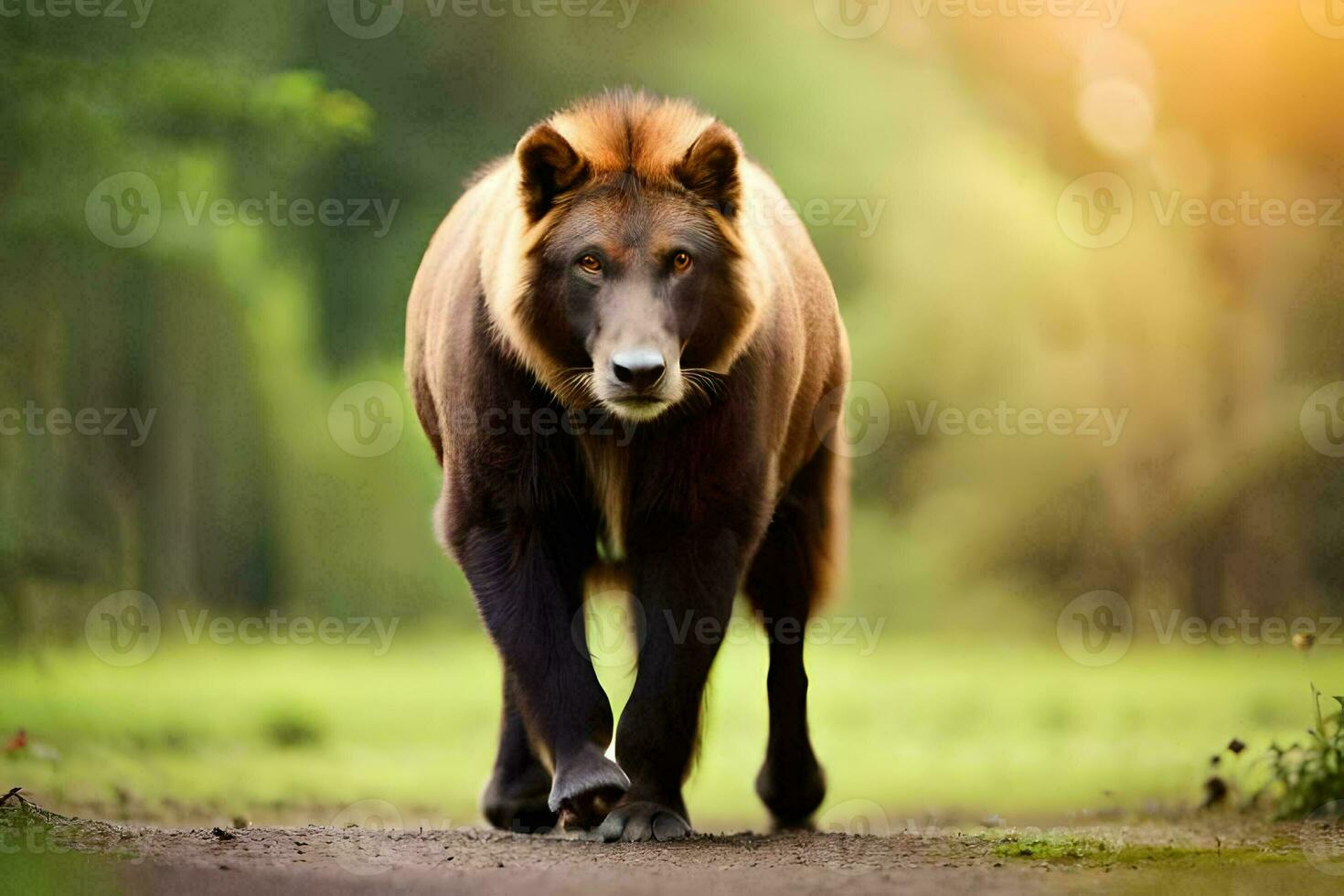 een bruin beer wandelen Aan een aarde weg. ai-gegenereerd foto