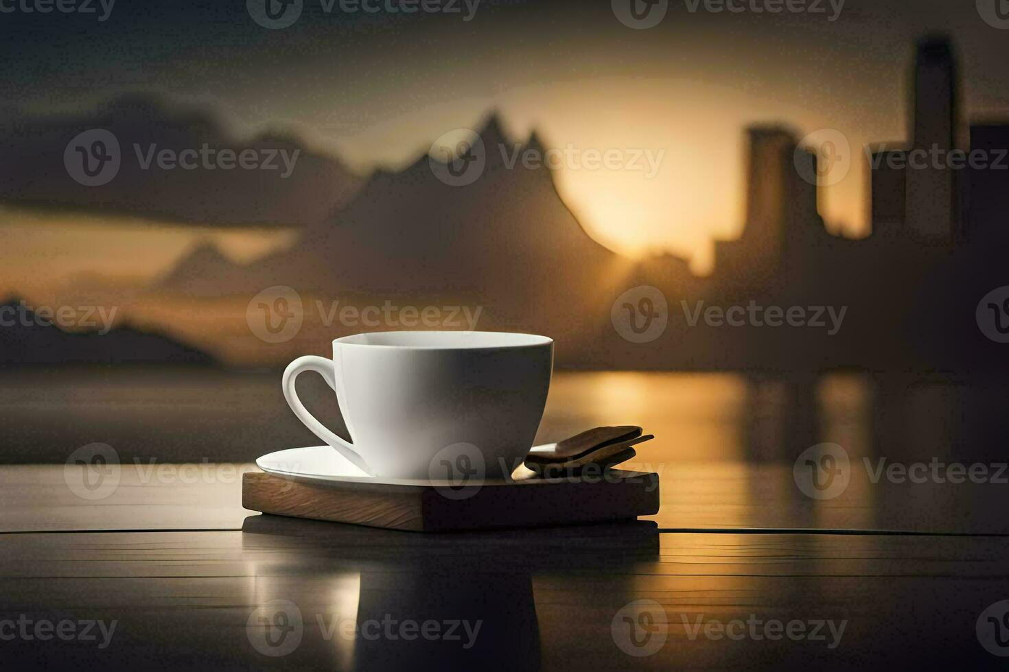 koffie beker, stad, zonsopkomst, zonsopkomst, zonsopkomst, zonsopkomst, zonsopkomst, zonsopkomst, zonsopkomst. ai-gegenereerd foto