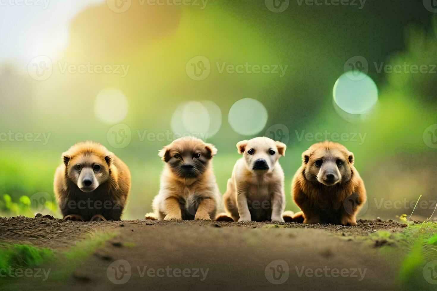 vier puppy's zijn staand in een lijn Aan een aarde weg. ai-gegenereerd foto