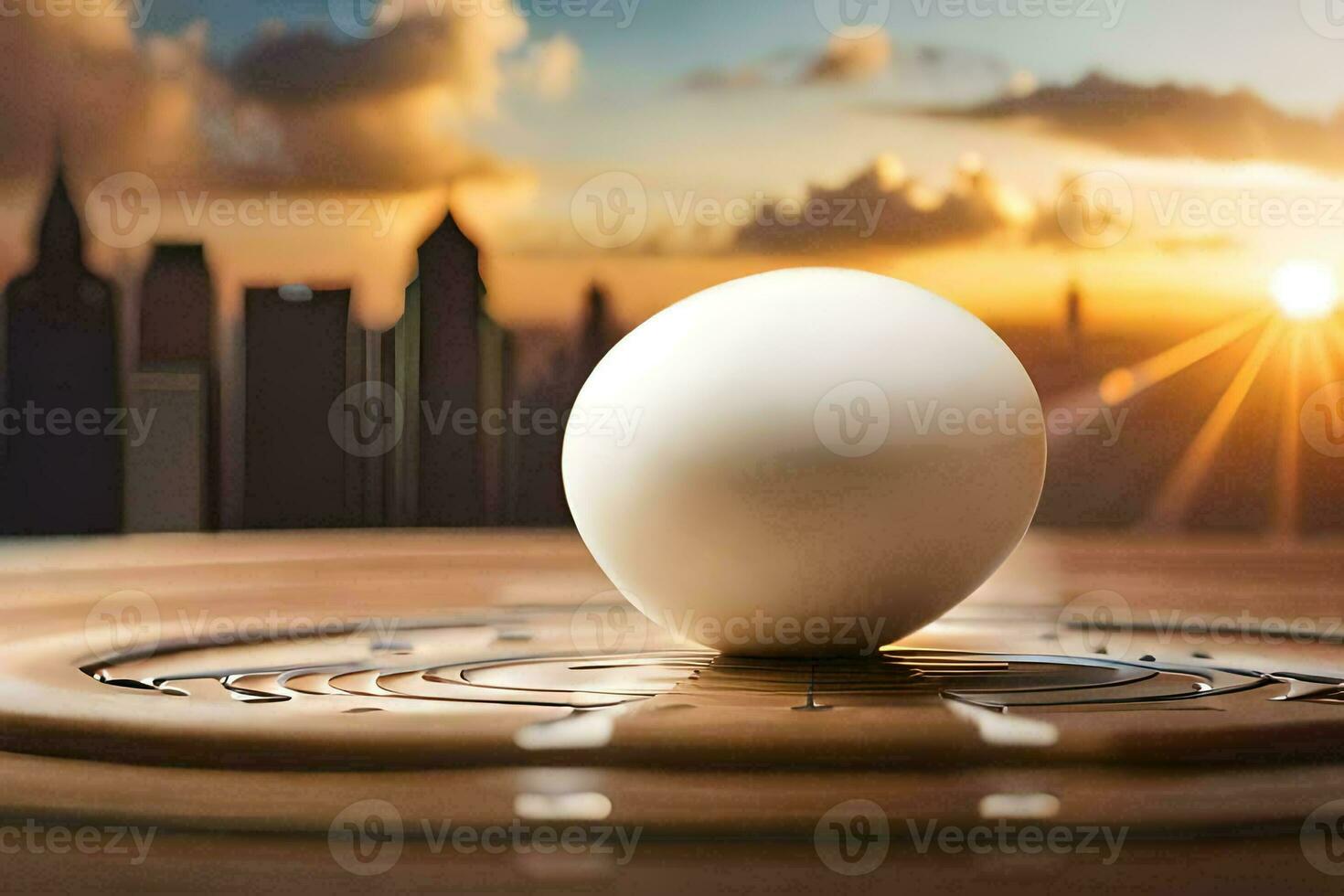 een ei Aan een tafel met een stad in de achtergrond. ai-gegenereerd foto