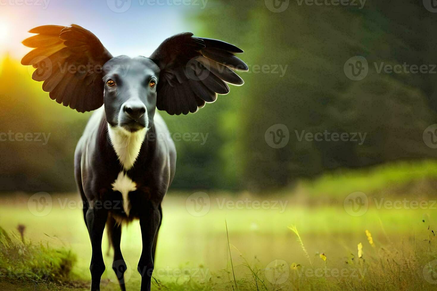 een hond met Vleugels staand in de gras. ai-gegenereerd foto