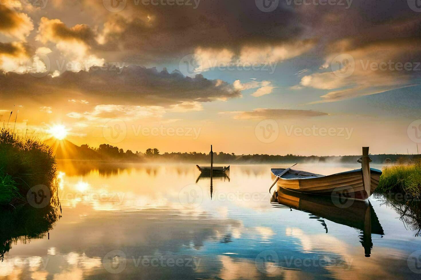 de zon stijgt over- de water. ai-gegenereerd foto