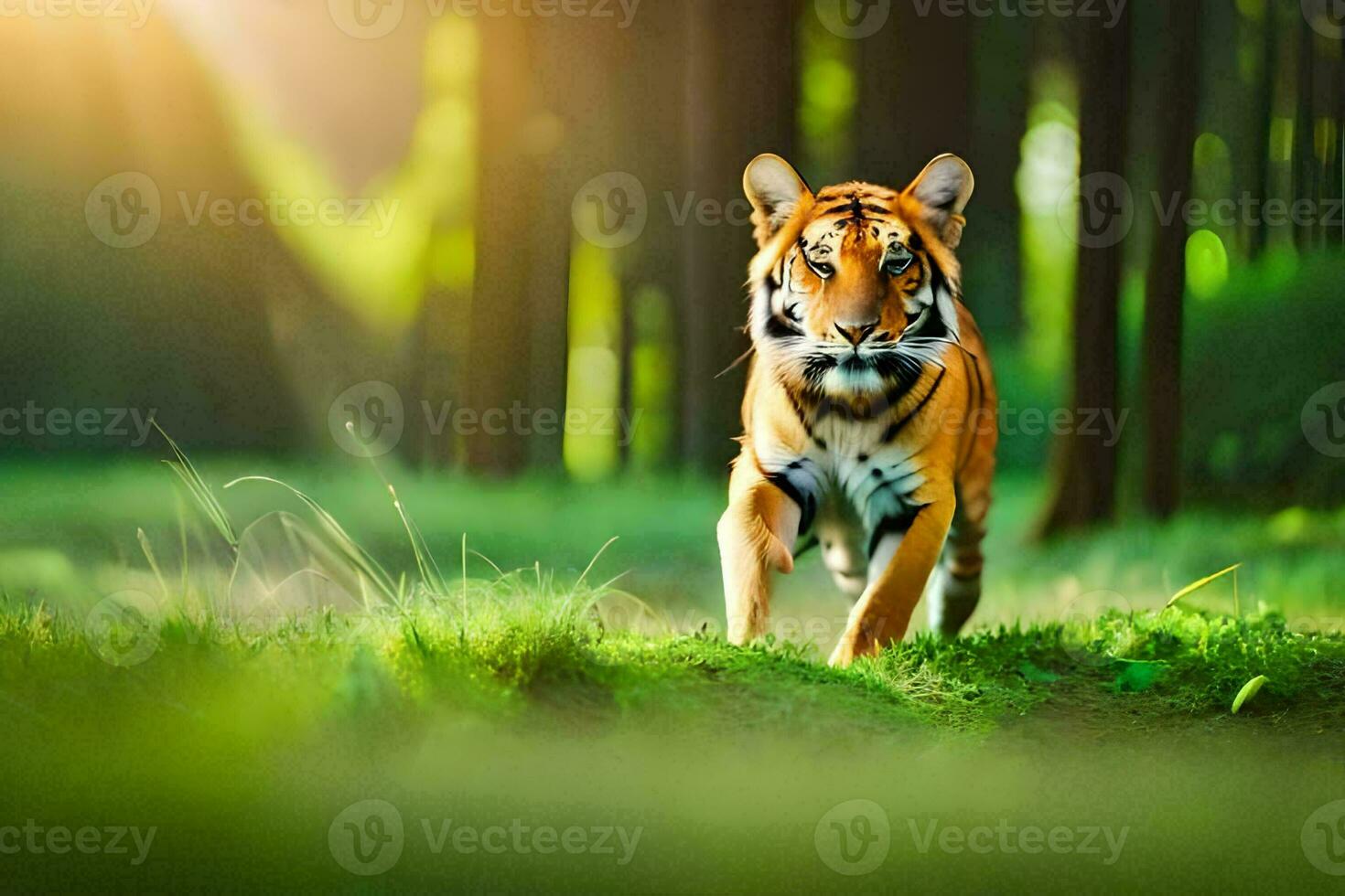 een tijger wandelen door een Woud met zonlicht. ai-gegenereerd foto