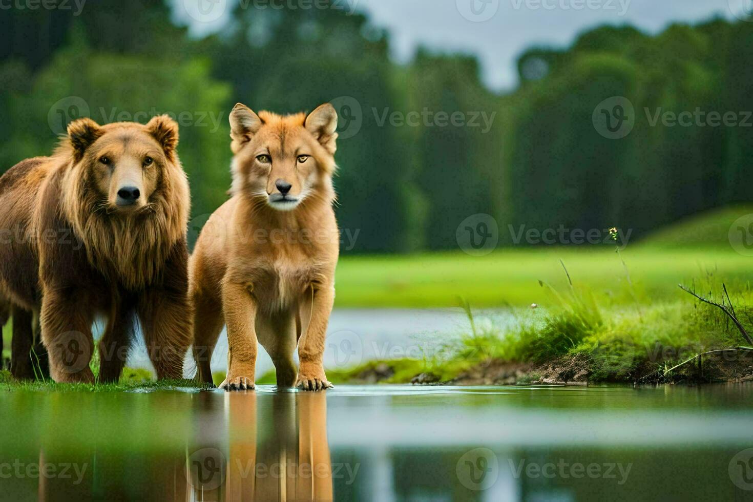 twee bruin bears staand De volgende naar een vijver. ai-gegenereerd foto