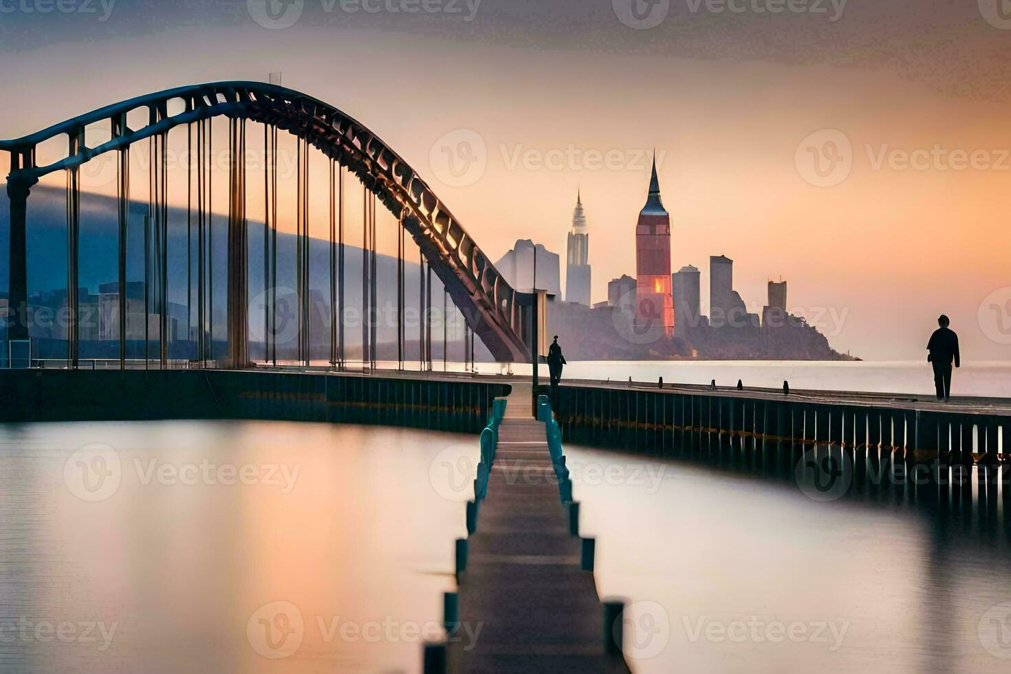 een Mens wandelen langs een pier met een stad in de achtergrond. ai-gegenereerd foto