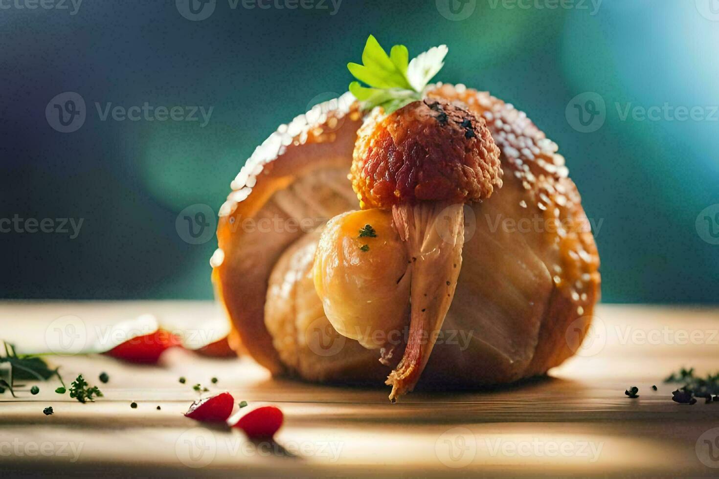 een kip verpakt in spek Aan een houten tafel. ai-gegenereerd foto