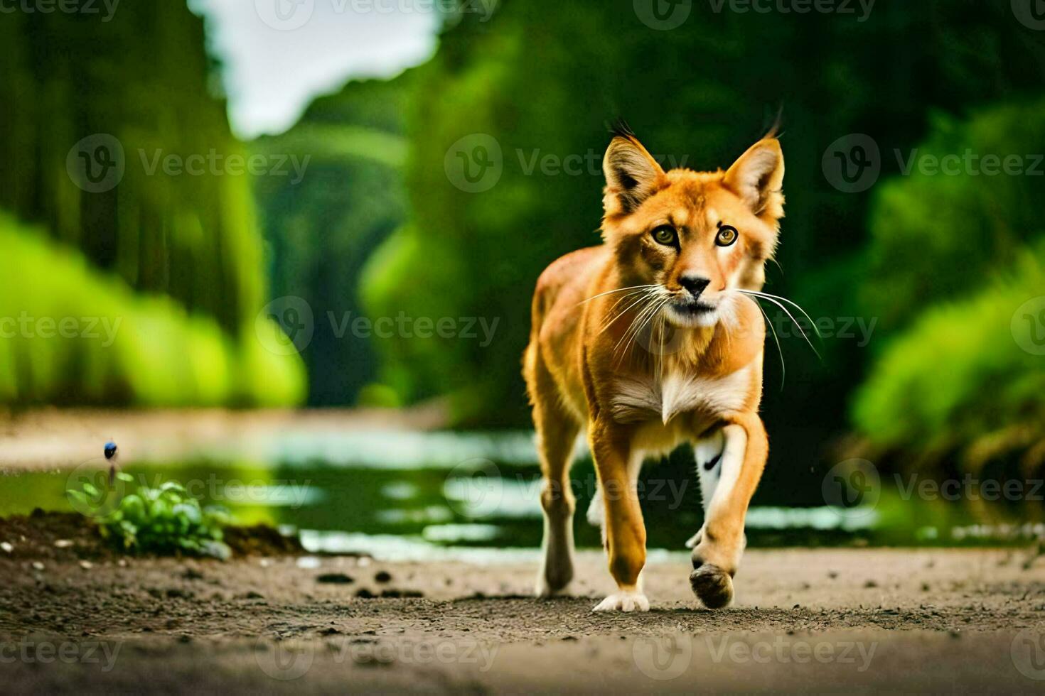 een bruin hond wandelen langs een pad in de Woud. ai-gegenereerd foto