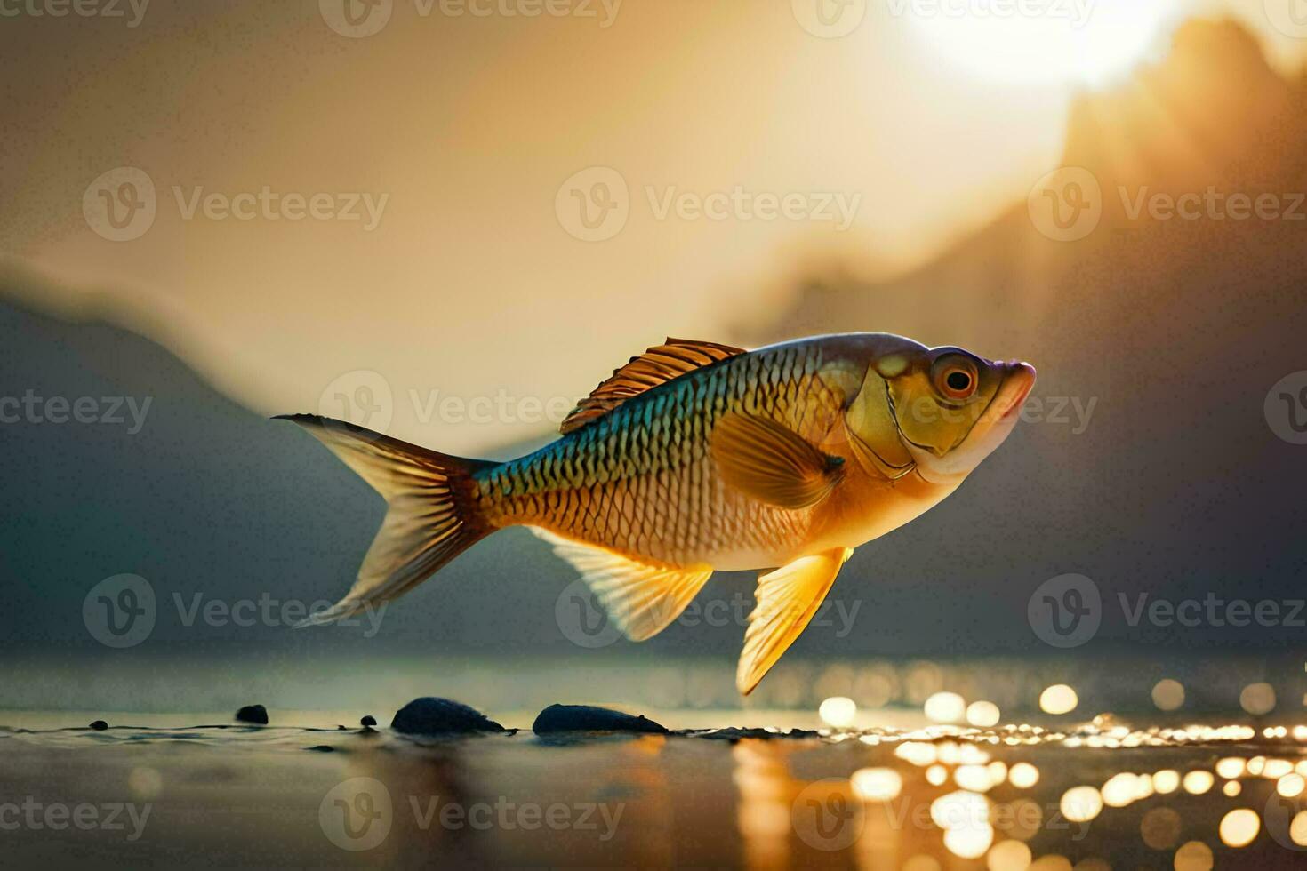 een vis is jumping uit van de water Bij zonsondergang. ai-gegenereerd foto