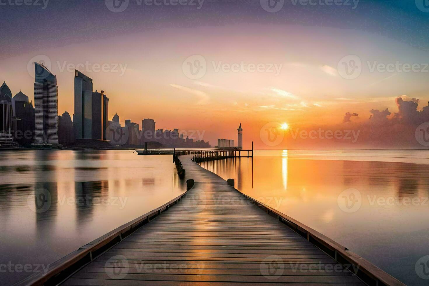 de zon stijgt over- de stad horizon in dubai. ai-gegenereerd foto