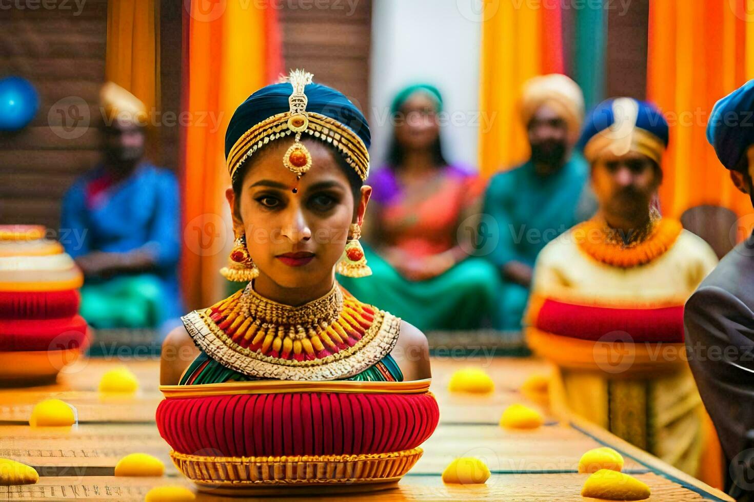 een vrouw in traditioneel Indisch jurk zit in voorkant van een schaal. ai-gegenereerd foto