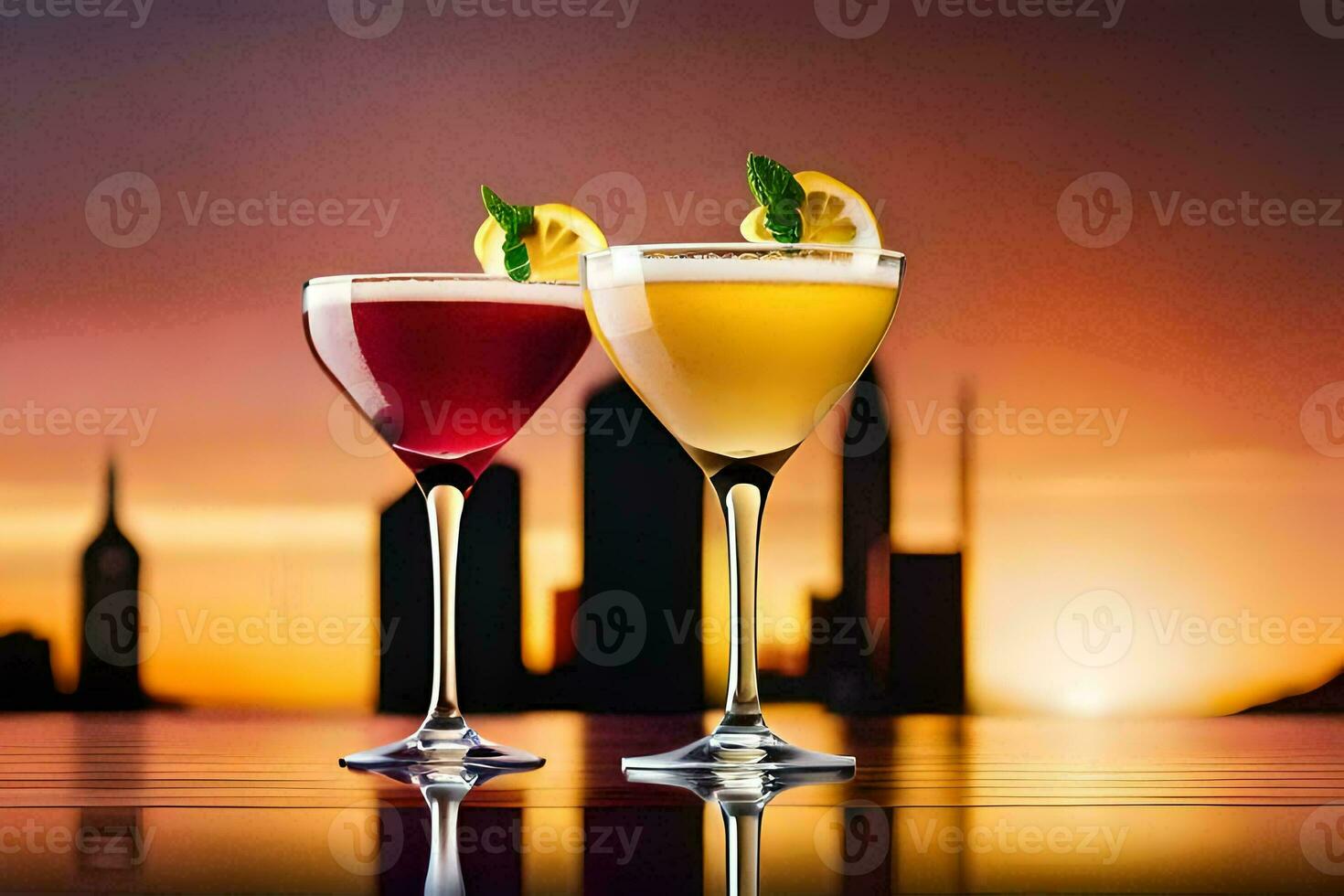 twee cocktails Aan een tafel met een stad horizon in de achtergrond. ai-gegenereerd foto