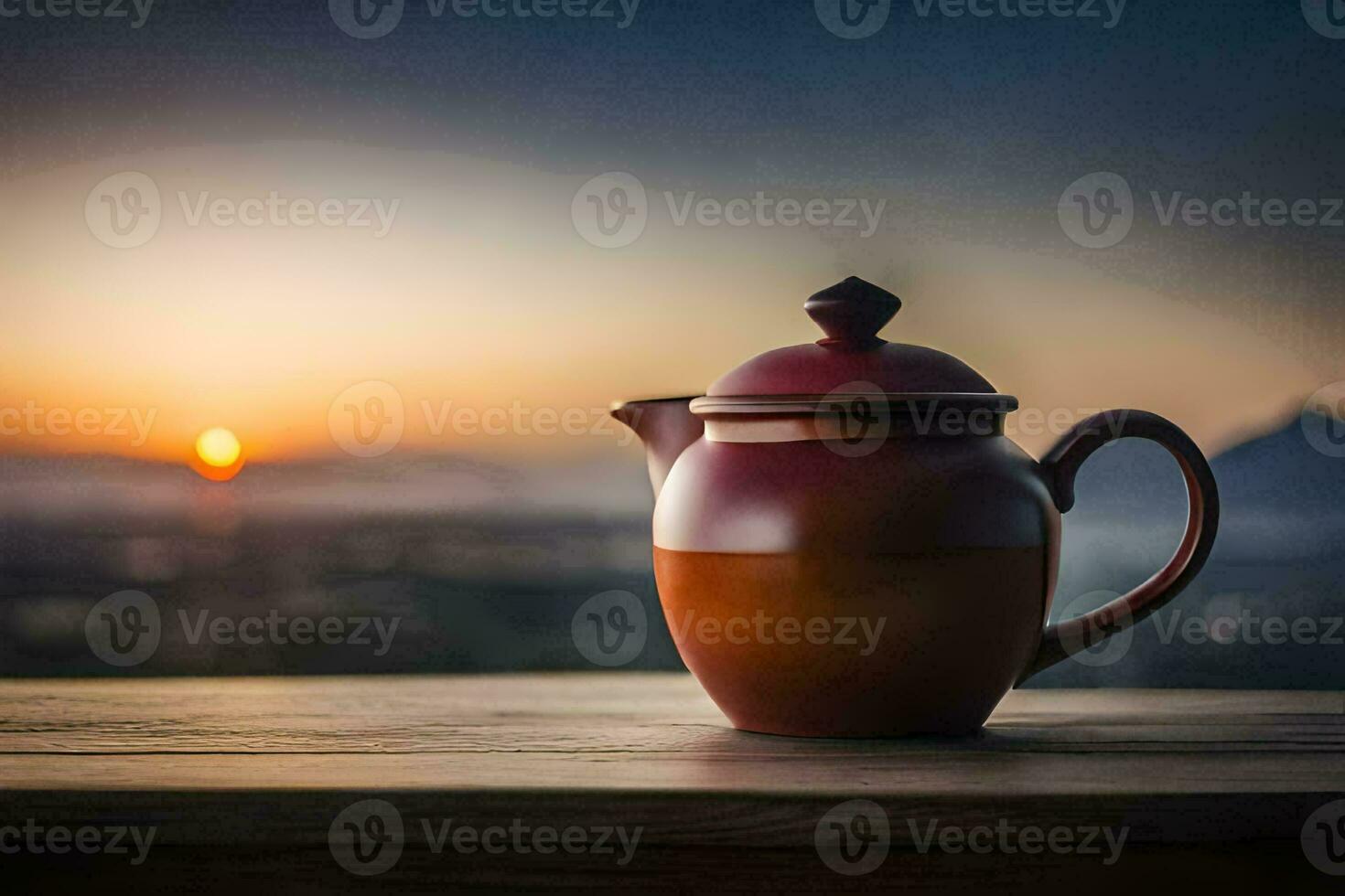 een theepot Aan een tafel in de zonsondergang. ai-gegenereerd foto
