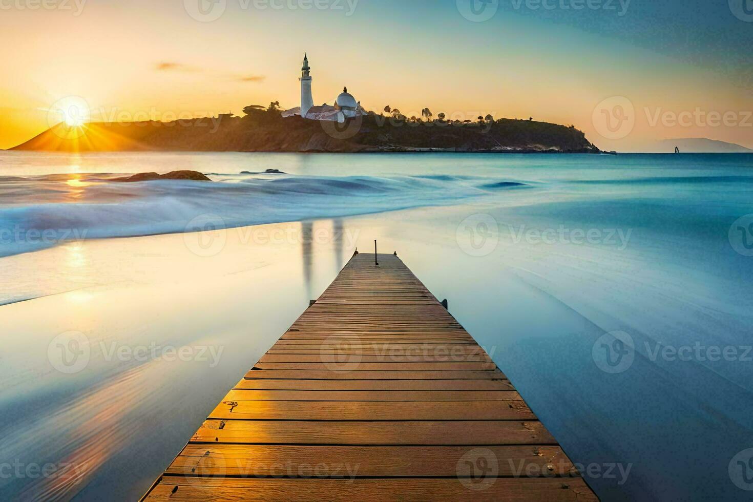 een houten pier Leidt naar de oceaan Bij zonsondergang. ai-gegenereerd foto