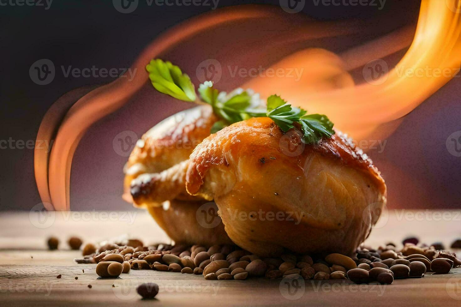 een kip is zittend Aan top van een houten tafel met specerijen. ai-gegenereerd foto
