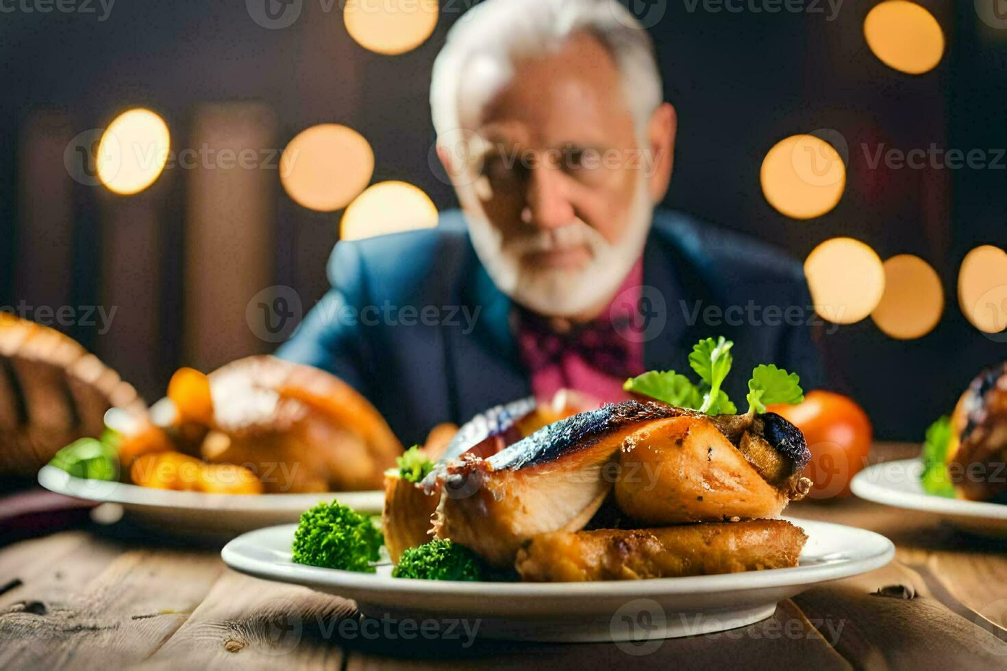 een ouder Mens is zittend Bij een tafel met twee borden van voedsel. ai-gegenereerd foto