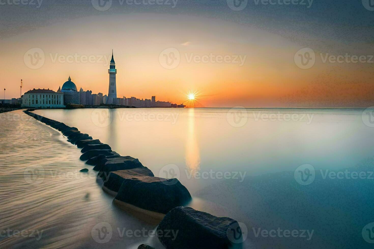 de zon sets over- de water en een stad horizon. ai-gegenereerd foto