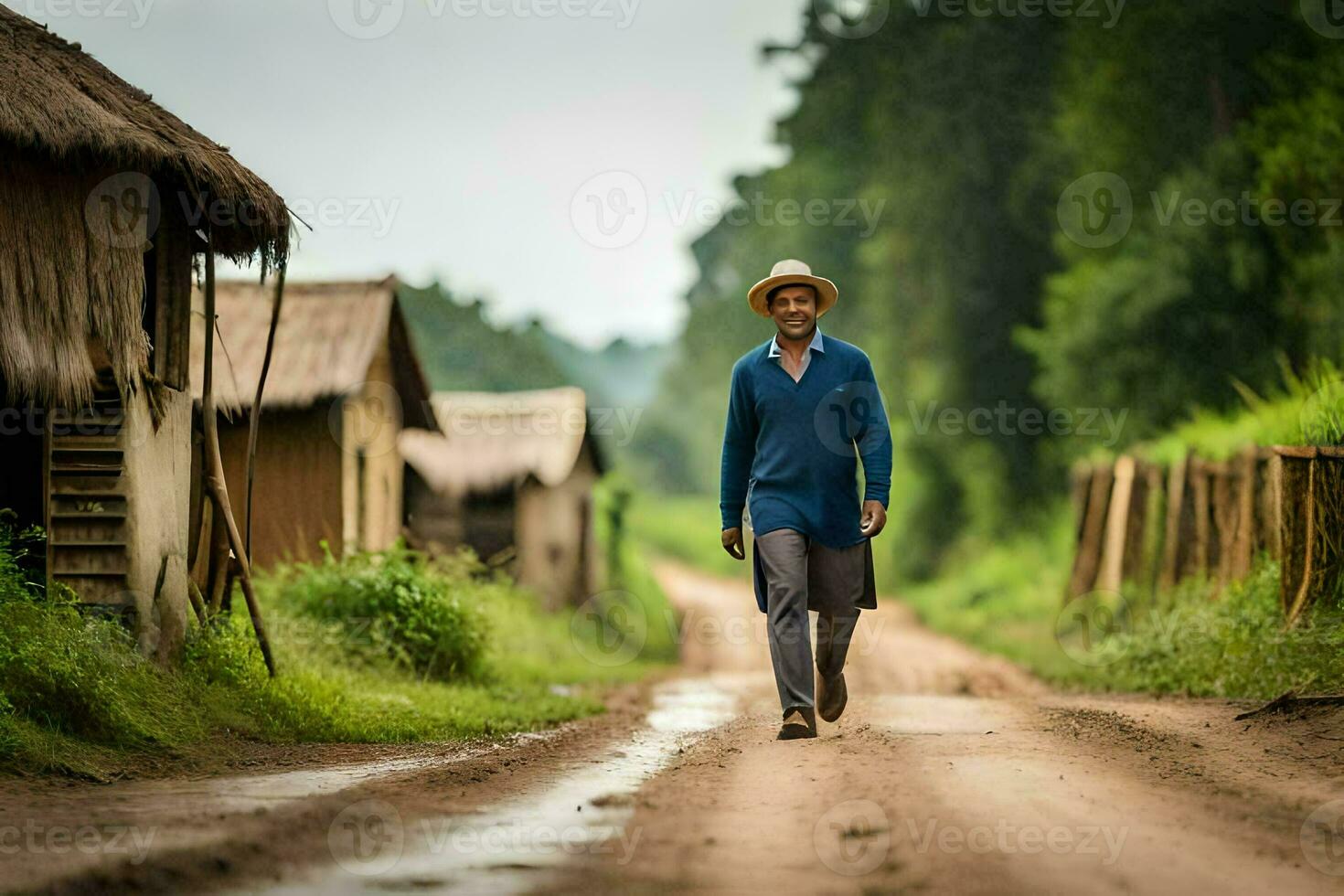 een ouderen Mens wandelingen naar beneden een aarde weg in voorkant van een hut. ai-gegenereerd foto