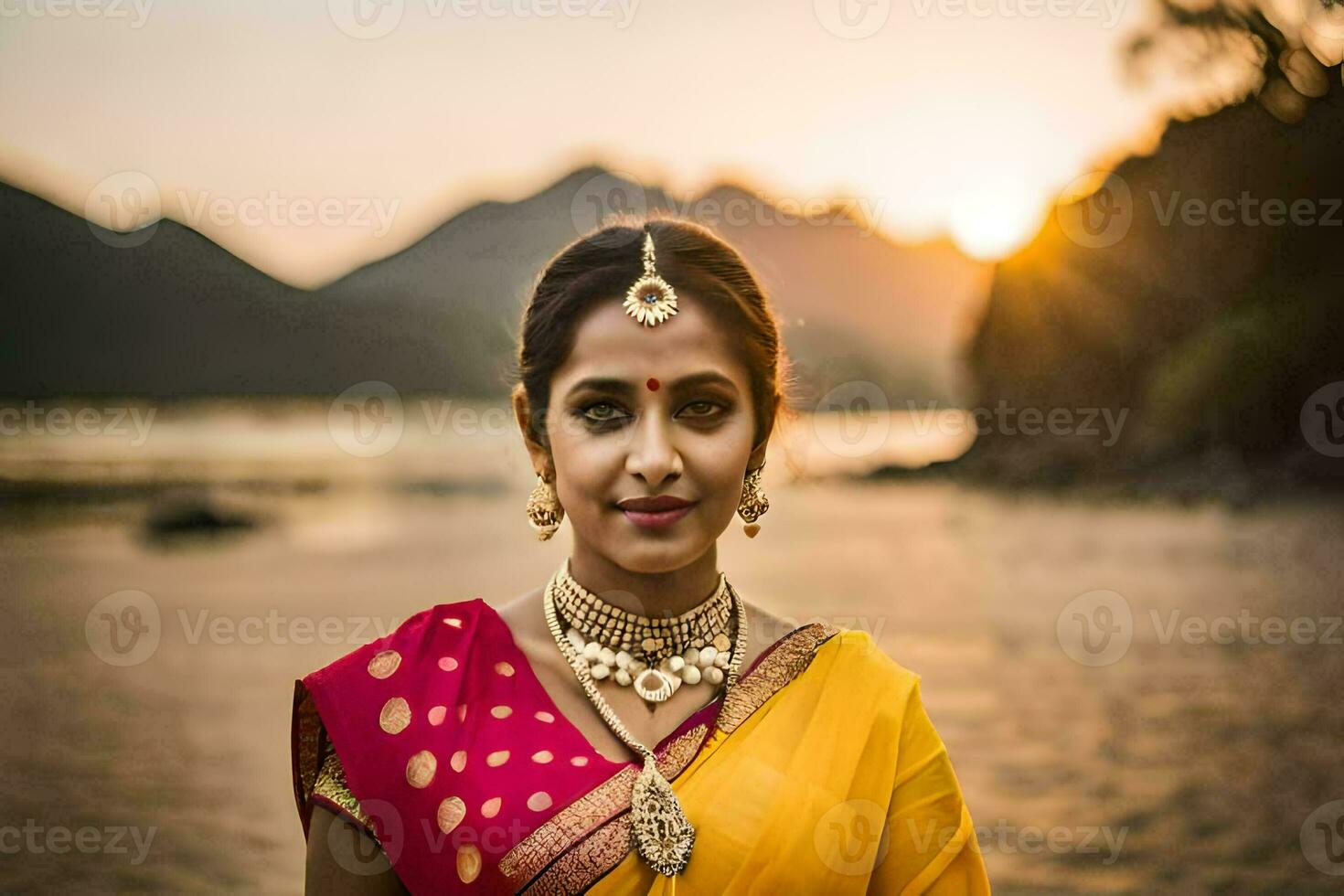een vrouw in een traditioneel sari poses voor de camera. ai-gegenereerd foto