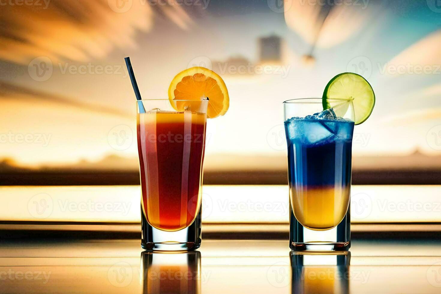 twee cocktails met oranje plakjes Aan een tafel. ai-gegenereerd foto