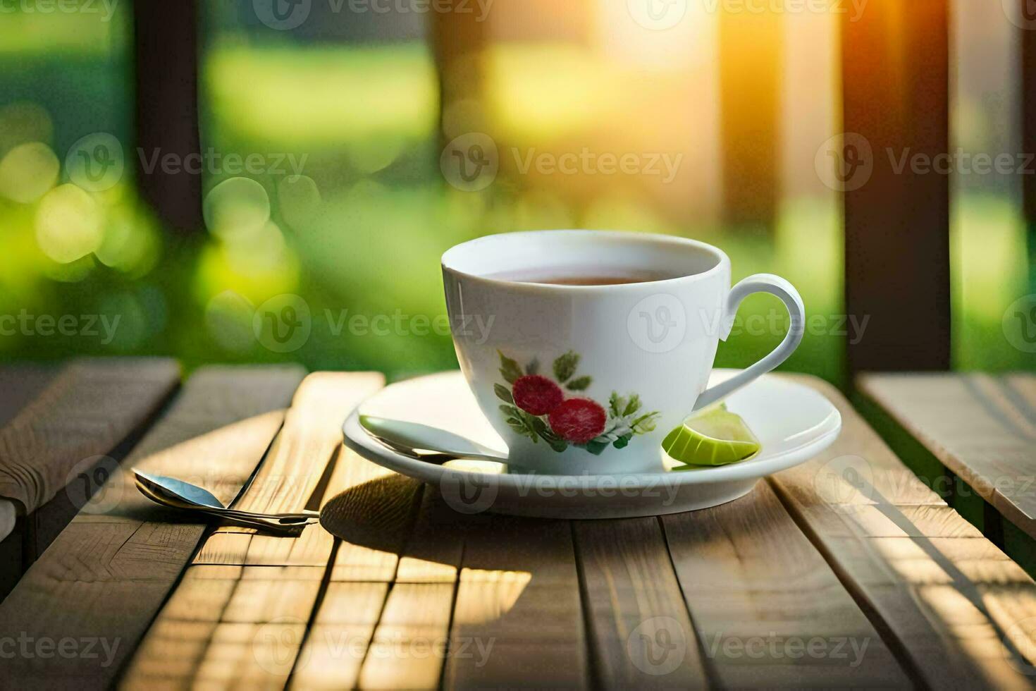 een kop van thee Aan een houten tafel. ai-gegenereerd foto