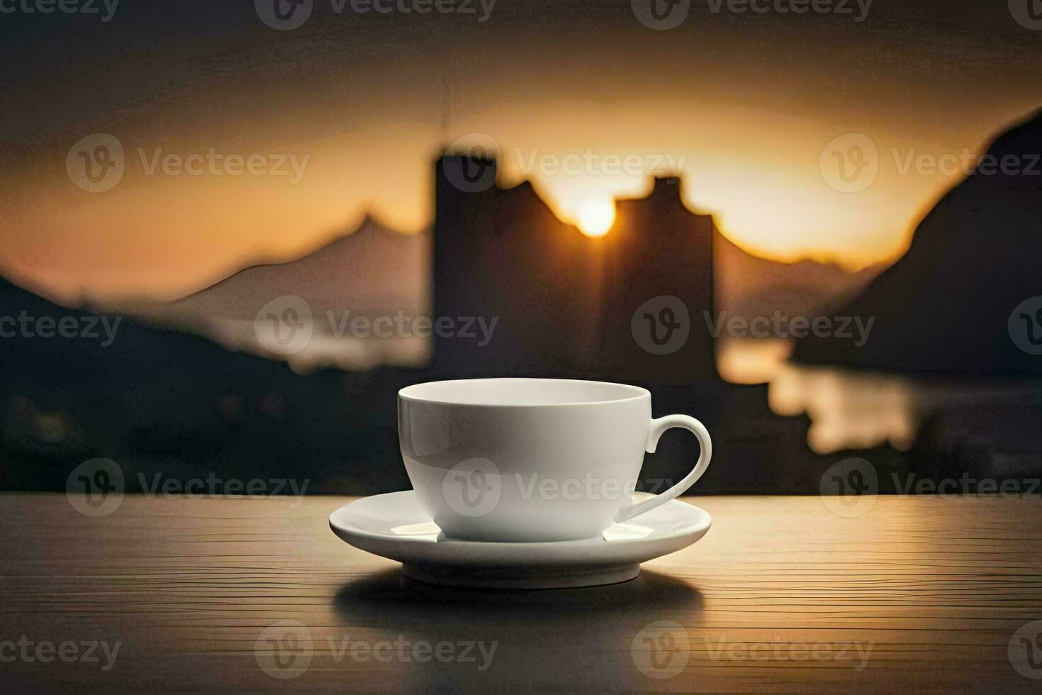 een kop van koffie Aan een tafel in voorkant van een mooi visie. ai-gegenereerd foto