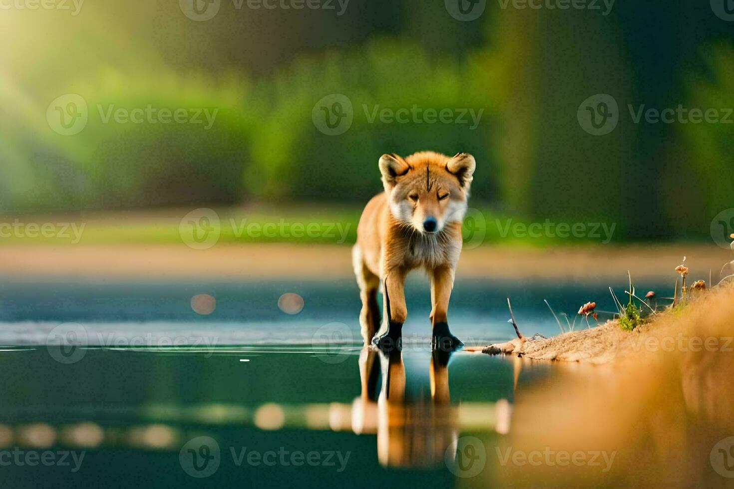 een vos staand in de water in de buurt een met gras begroeid Oppervlakte. ai-gegenereerd foto