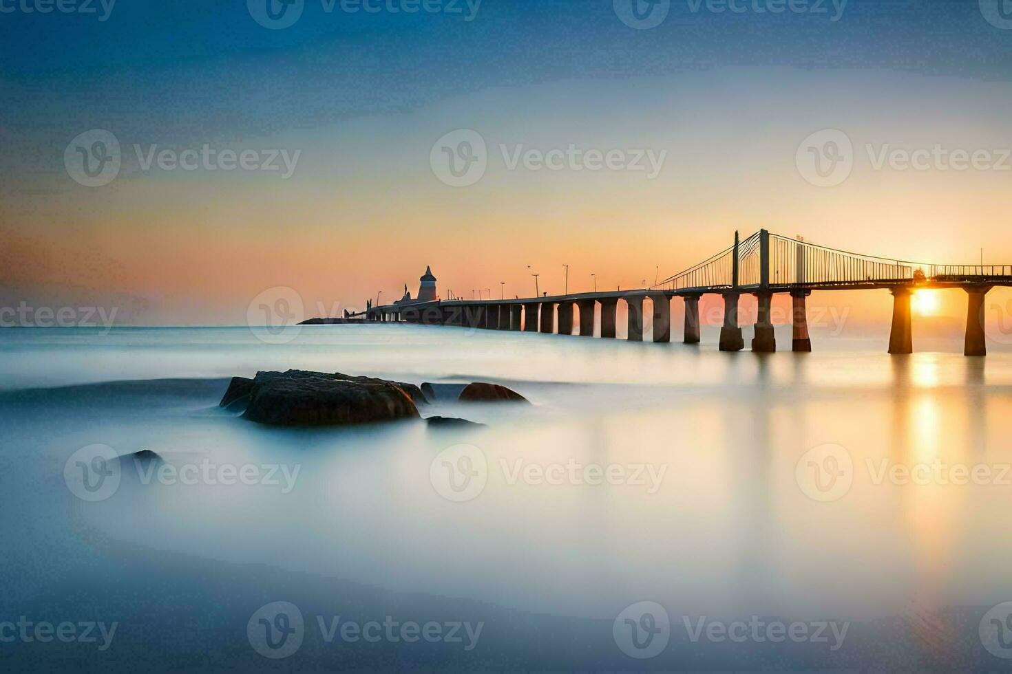 een lang blootstelling fotograaf van een brug over- de oceaan. ai-gegenereerd foto