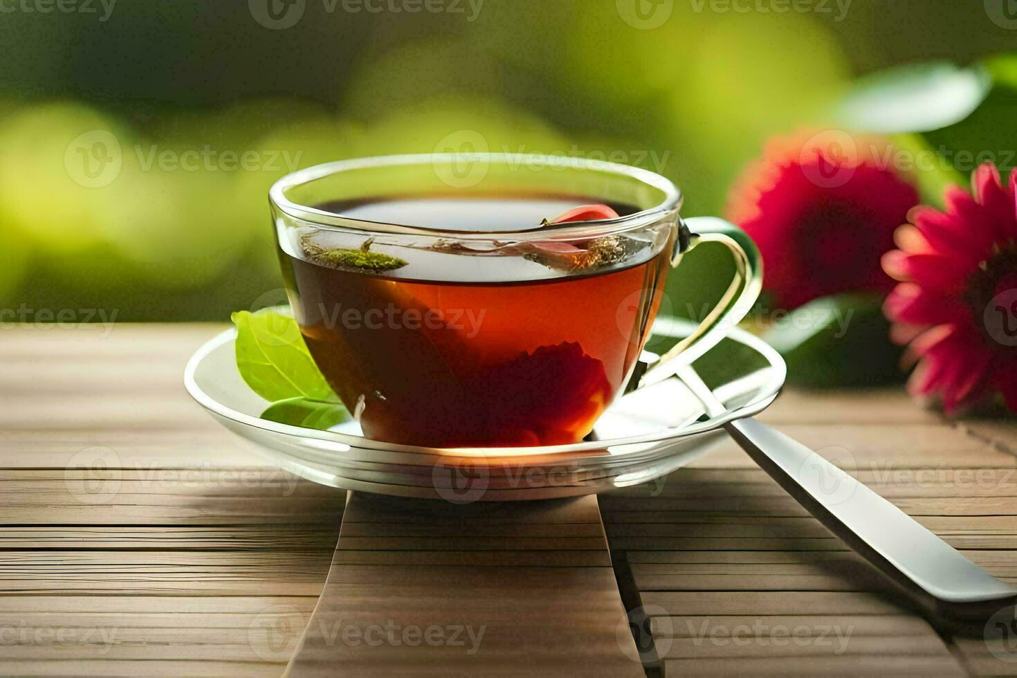 een kop van thee Aan een houten tafel. ai-gegenereerd foto