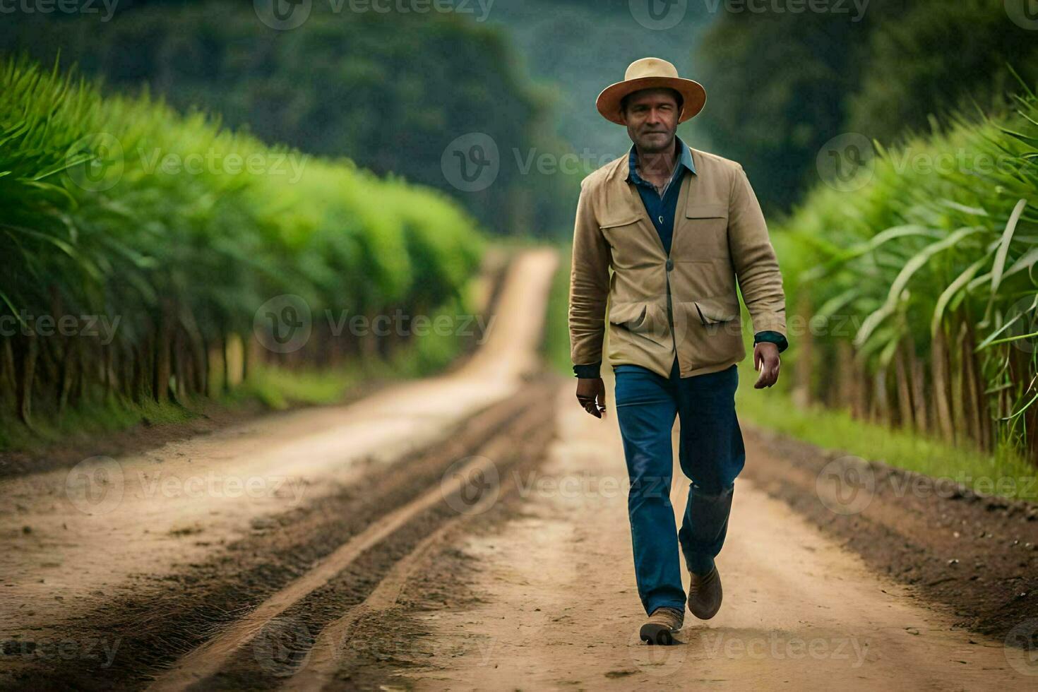 een Mens wandelen naar beneden een aarde weg in voorkant van een suiker riet veld. ai-gegenereerd foto