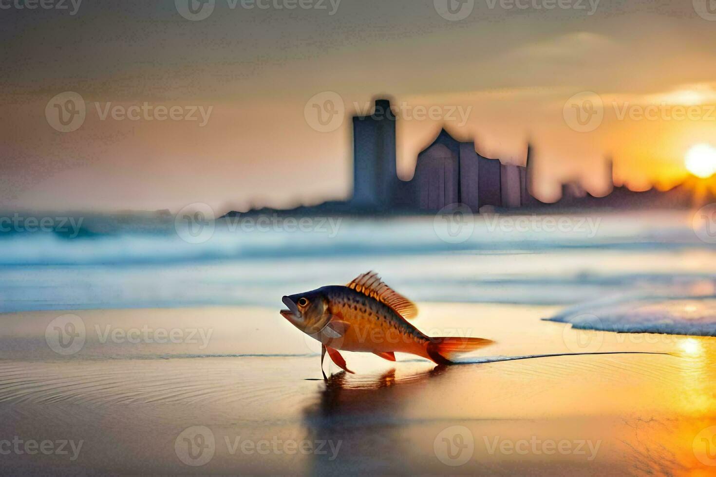 een vis is wandelen Aan de strand Bij zonsondergang. ai-gegenereerd foto