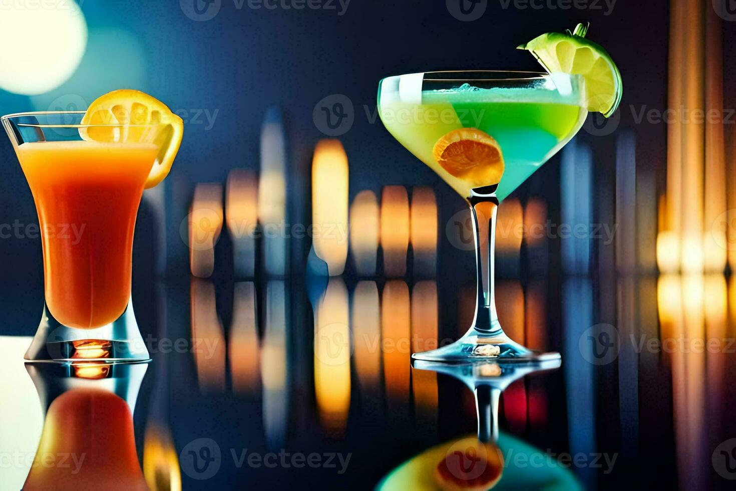 twee cocktails Aan een tafel met een stad horizon in de achtergrond. ai-gegenereerd foto