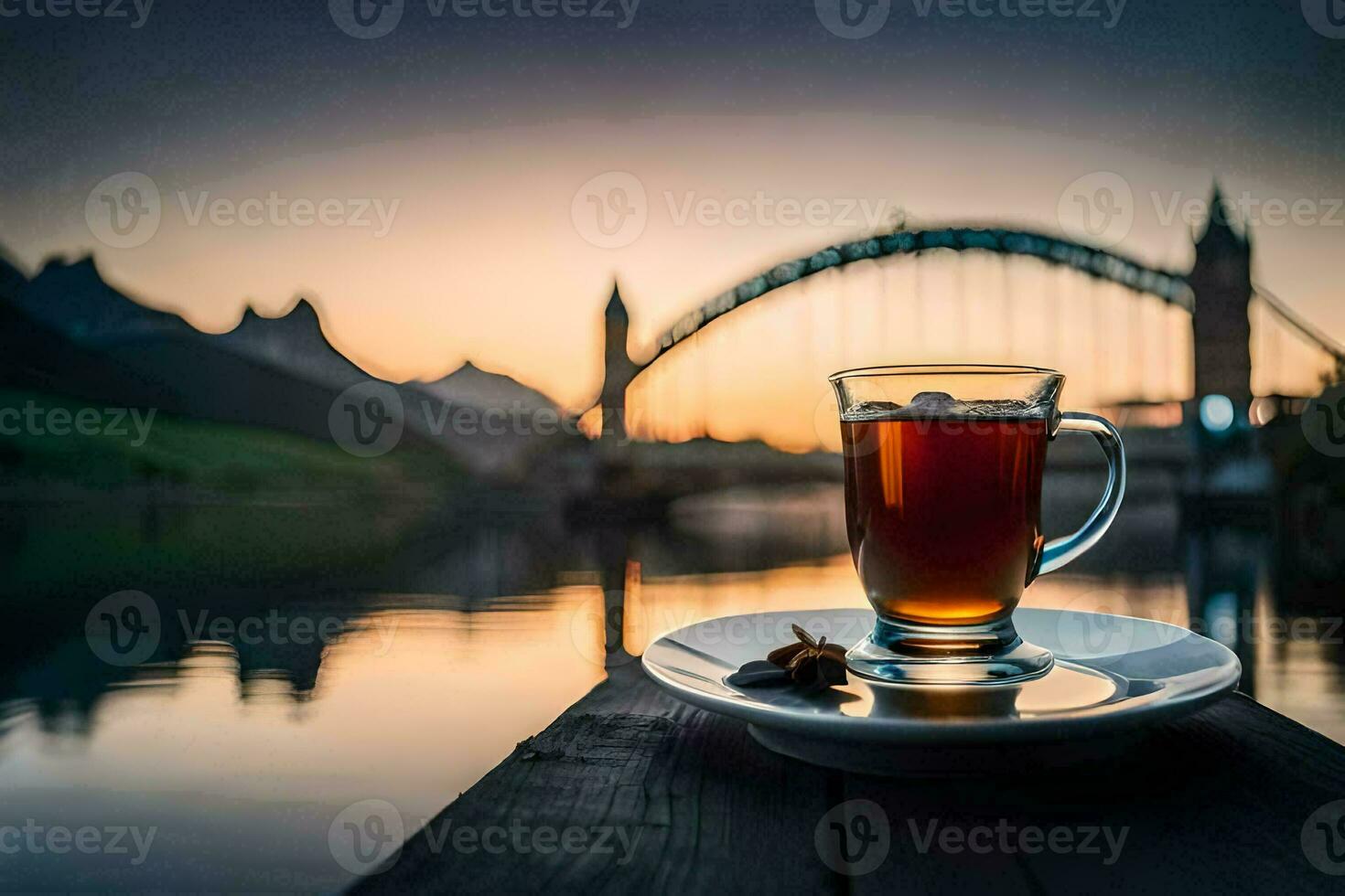 een kop van thee Aan een houten tafel met een brug in de achtergrond. ai-gegenereerd foto