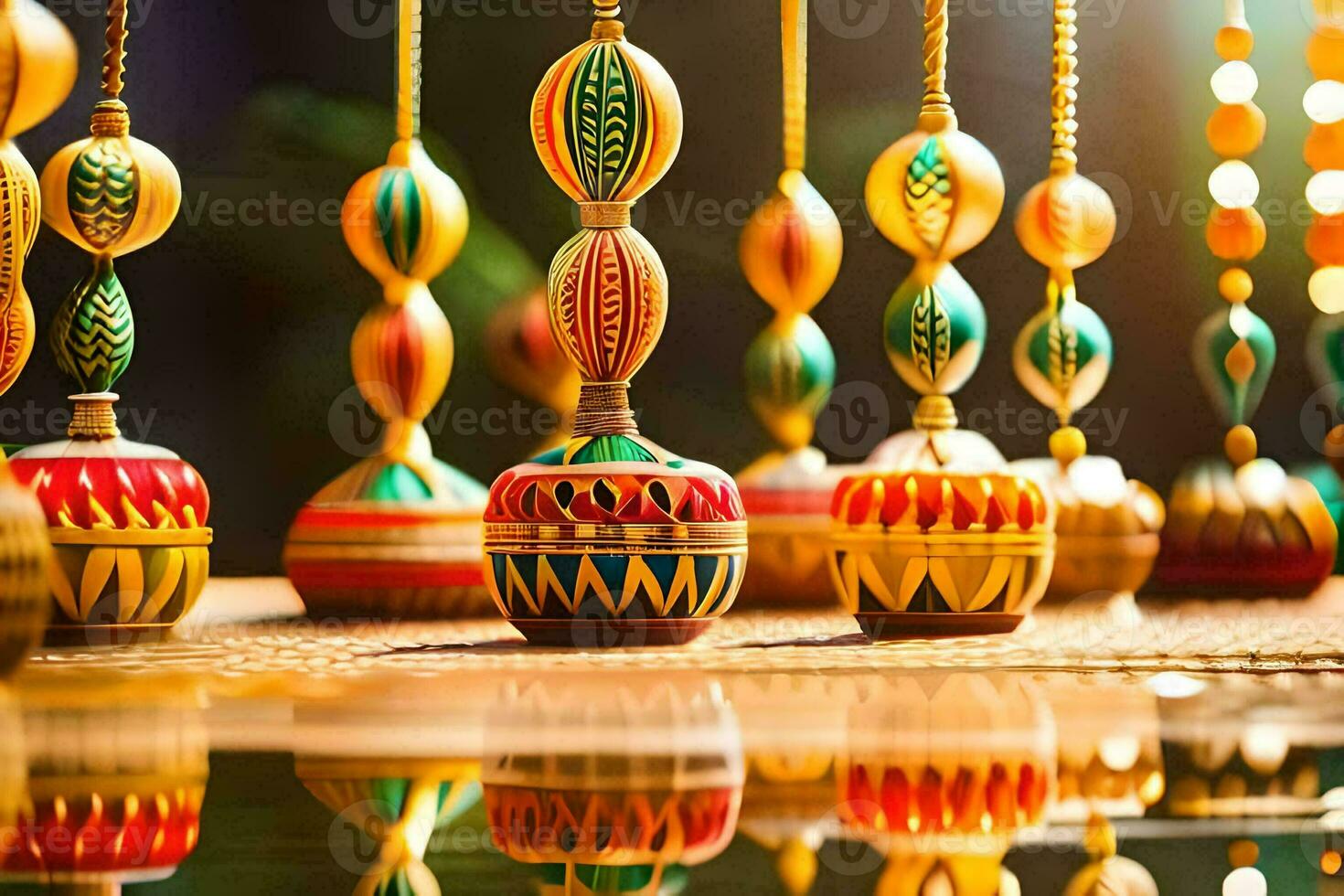 kleurrijk decoraties hangende van een draad Aan een tafel. ai-gegenereerd foto
