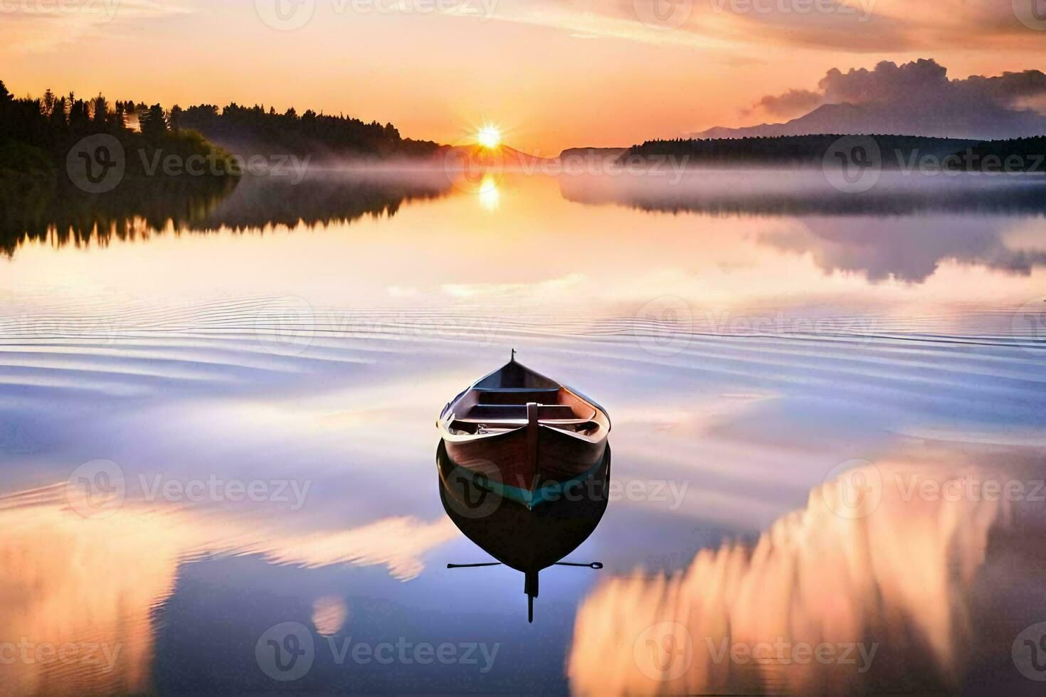 een boot is drijvend Aan een meer Bij zonsondergang. ai-gegenereerd foto