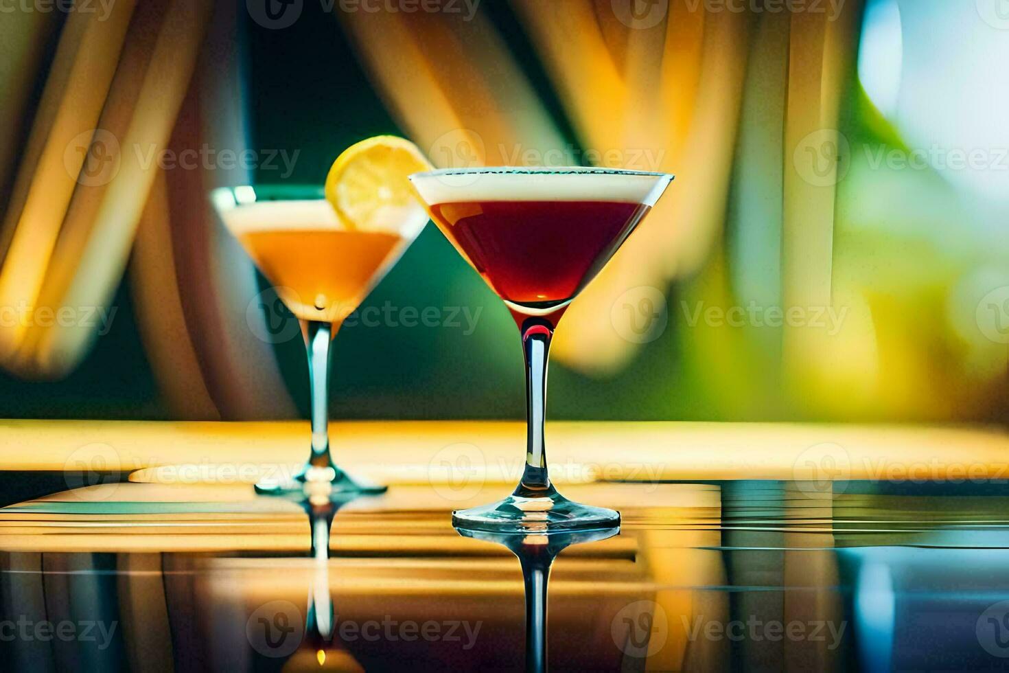 twee cocktails zitten Aan een tafel met een helder achtergrond. ai-gegenereerd foto