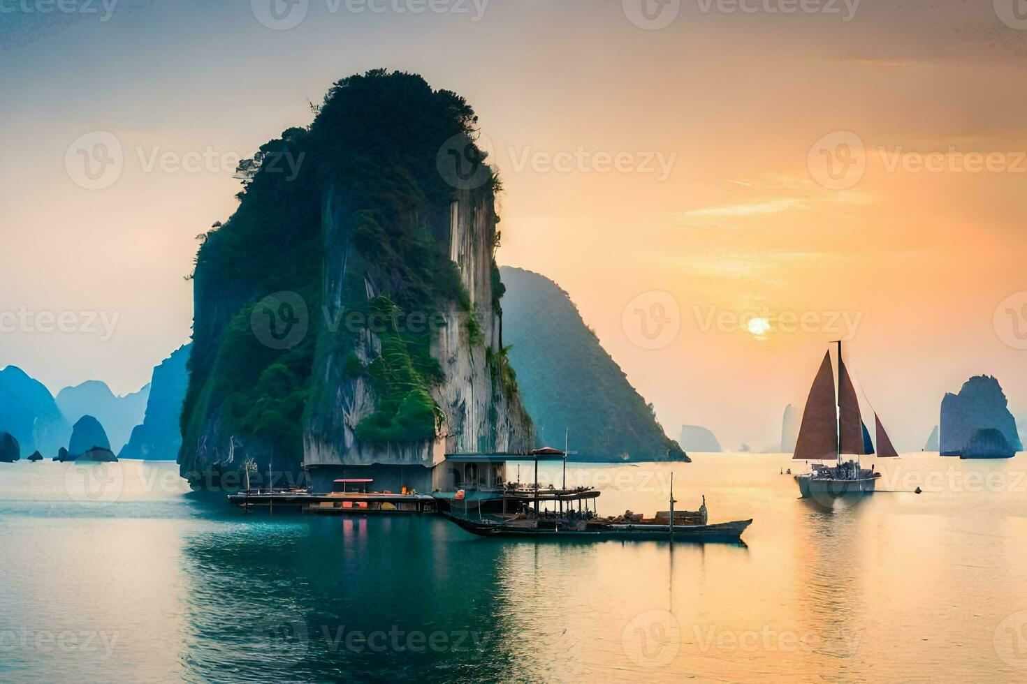 Halong baai, Vietnam, zonsondergang, zonsondergang Vietnam, zonsondergang Vietnam. ai-gegenereerd foto