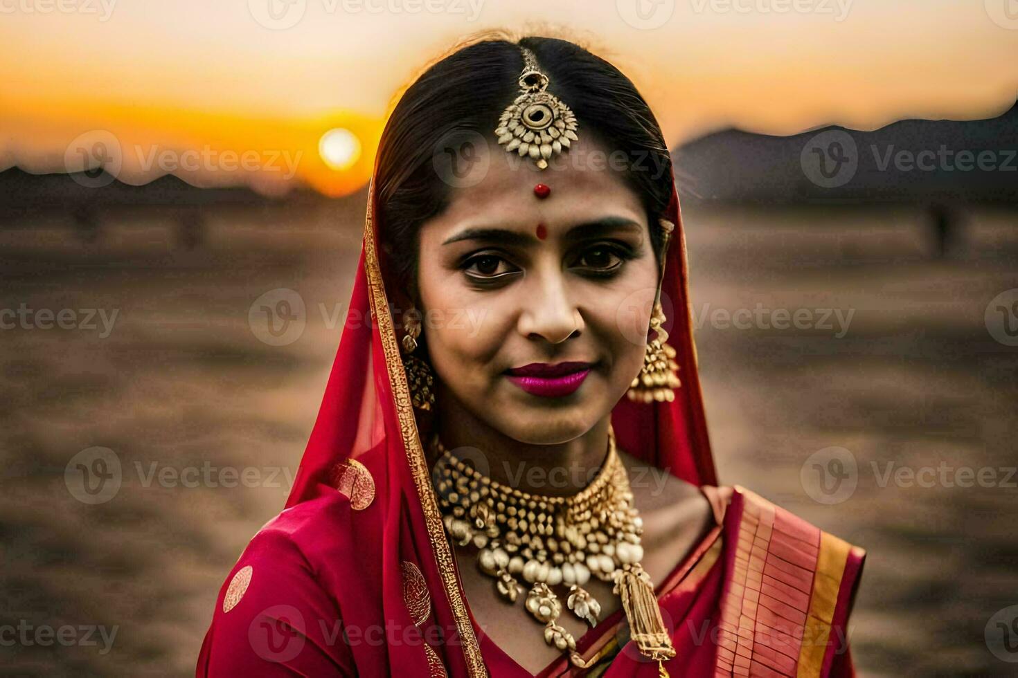 een Indisch vrouw in traditioneel kleding Bij zonsondergang. ai-gegenereerd foto