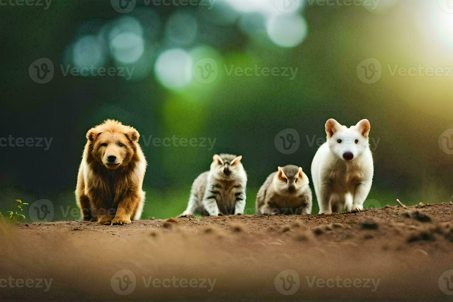 een groep van dieren wandelen Aan een aarde weg. ai-gegenereerd foto