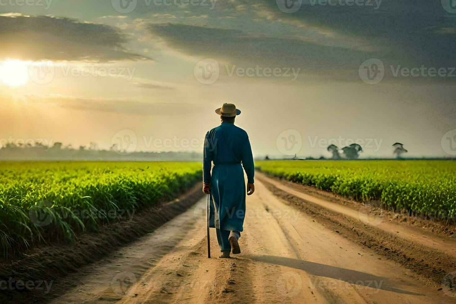 een Mens wandelen naar beneden een aarde weg in een veld. ai-gegenereerd foto