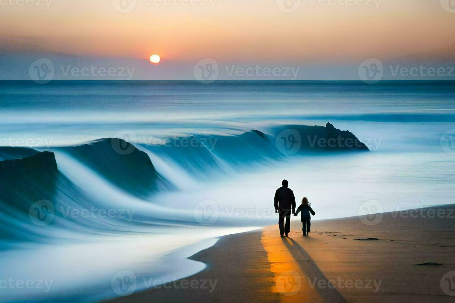 een Mens en zijn kind wandelen langs de strand Bij zonsondergang. ai-gegenereerd foto