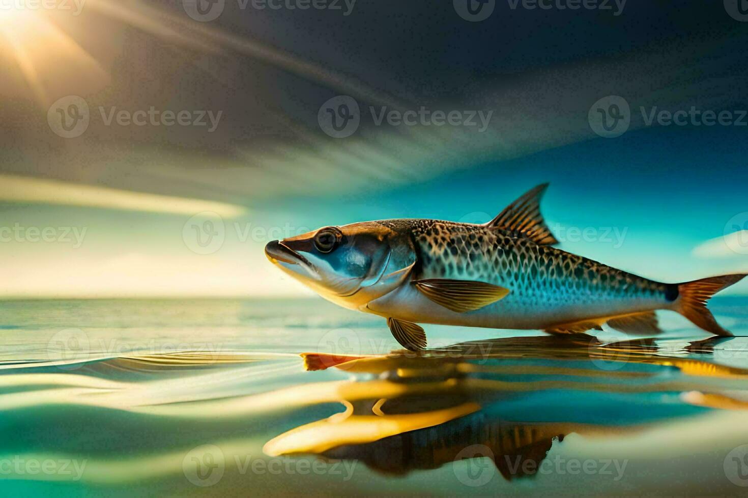 een vis is staand Aan de water met de zon in de achtergrond. ai-gegenereerd foto