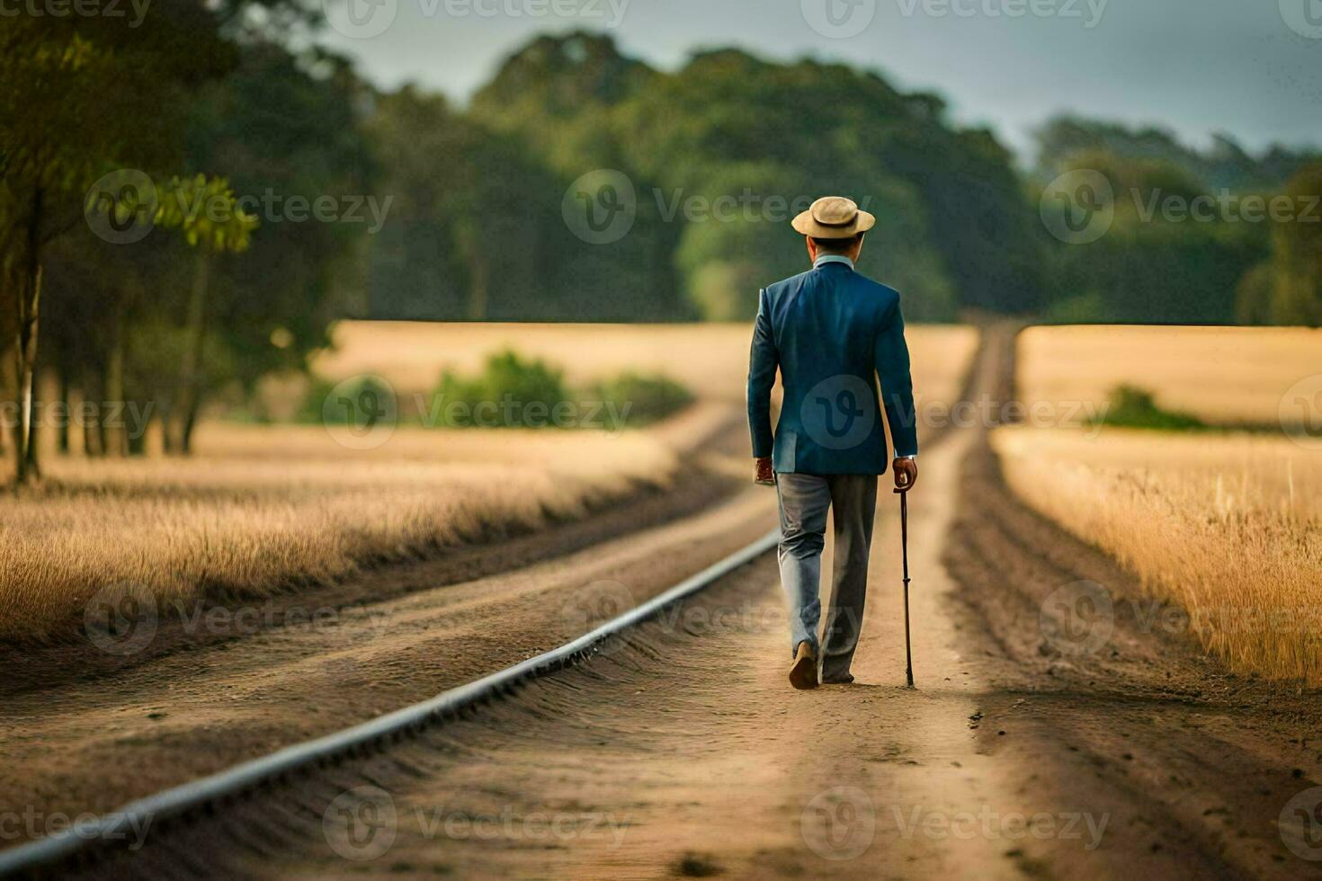 een Mens in een pak en hoed wandelen naar beneden een aarde weg. ai-gegenereerd foto