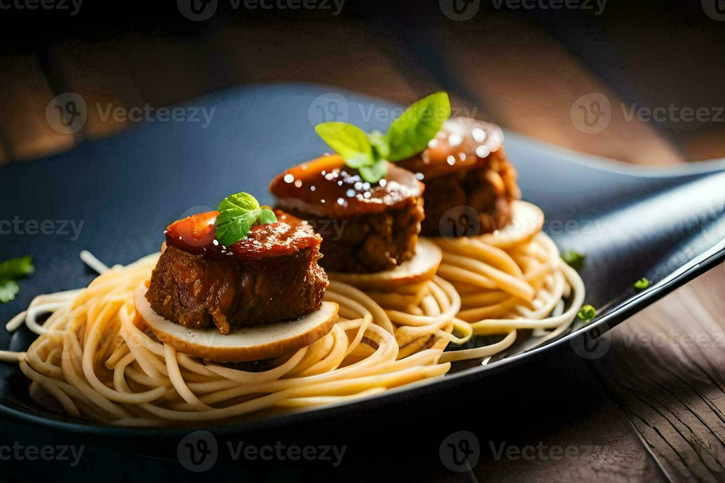 spaghetti met gehaktballen Aan een zwart bord. ai-gegenereerd foto