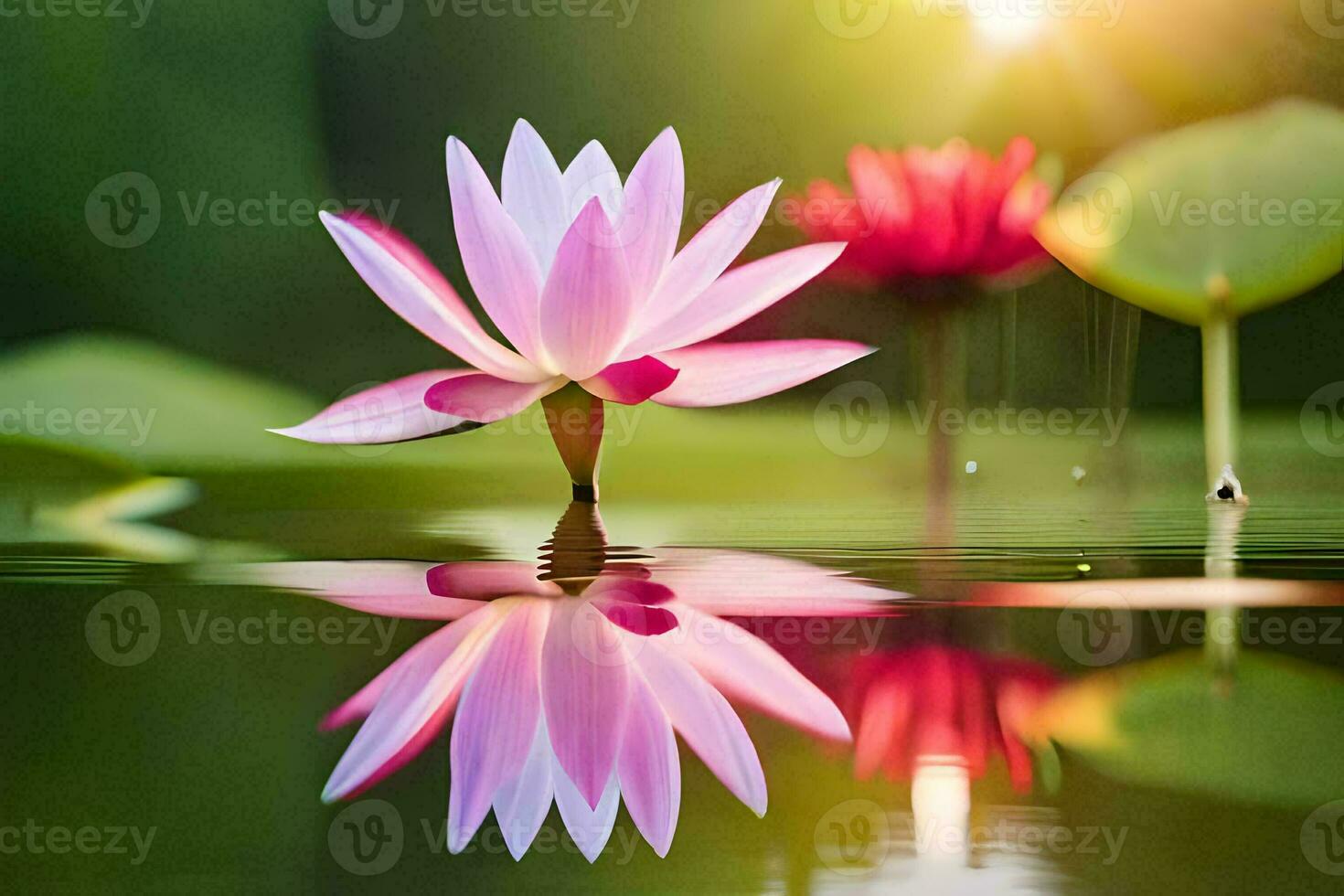 roze lotus bloem in de water met groen bladeren. ai-gegenereerd foto