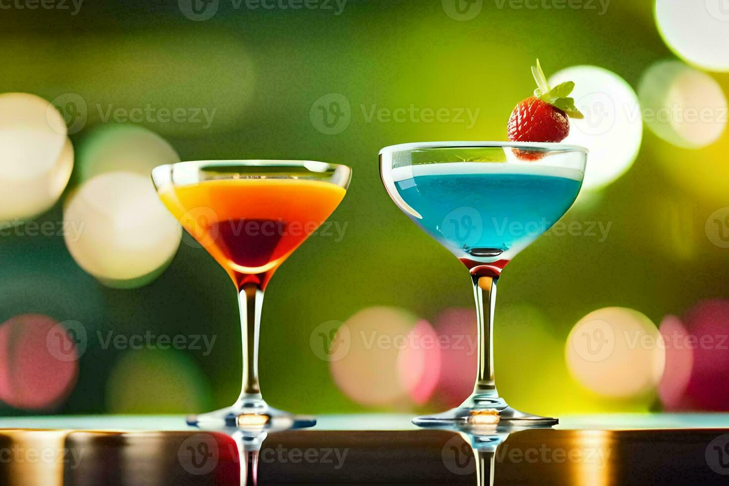 twee kleurrijk cocktails Aan een tafel. ai-gegenereerd foto