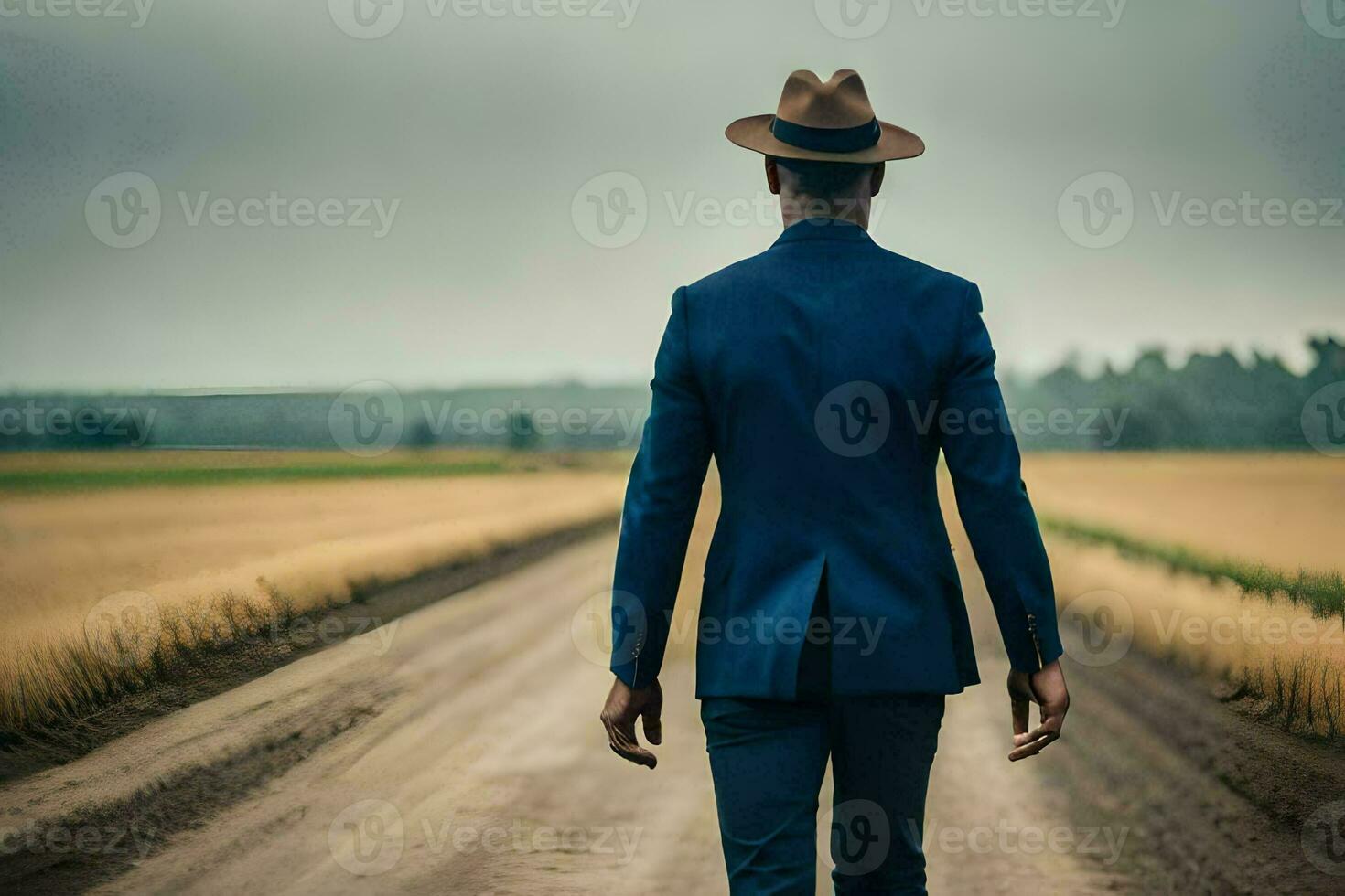 een Mens in een pak en hoed wandelen naar beneden een aarde weg. ai-gegenereerd foto