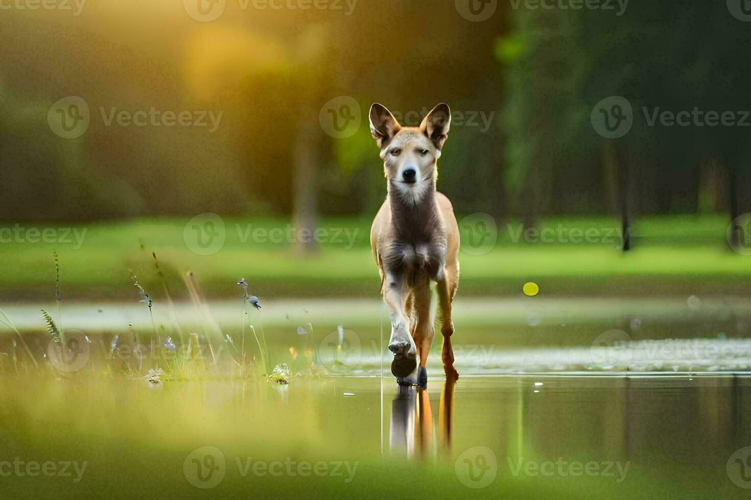 een hond wandelen door een vijver Bij zonsondergang. ai-gegenereerd foto